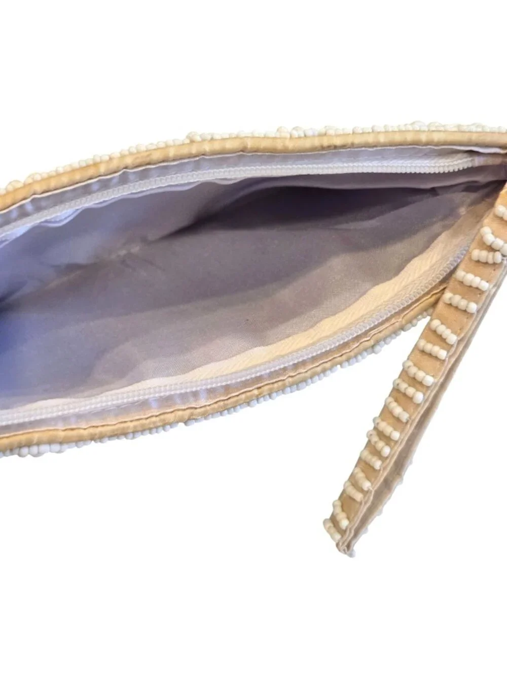 White Ivory Geometric Beaded Satin Lined Clutch Wristlet YKK Zipper